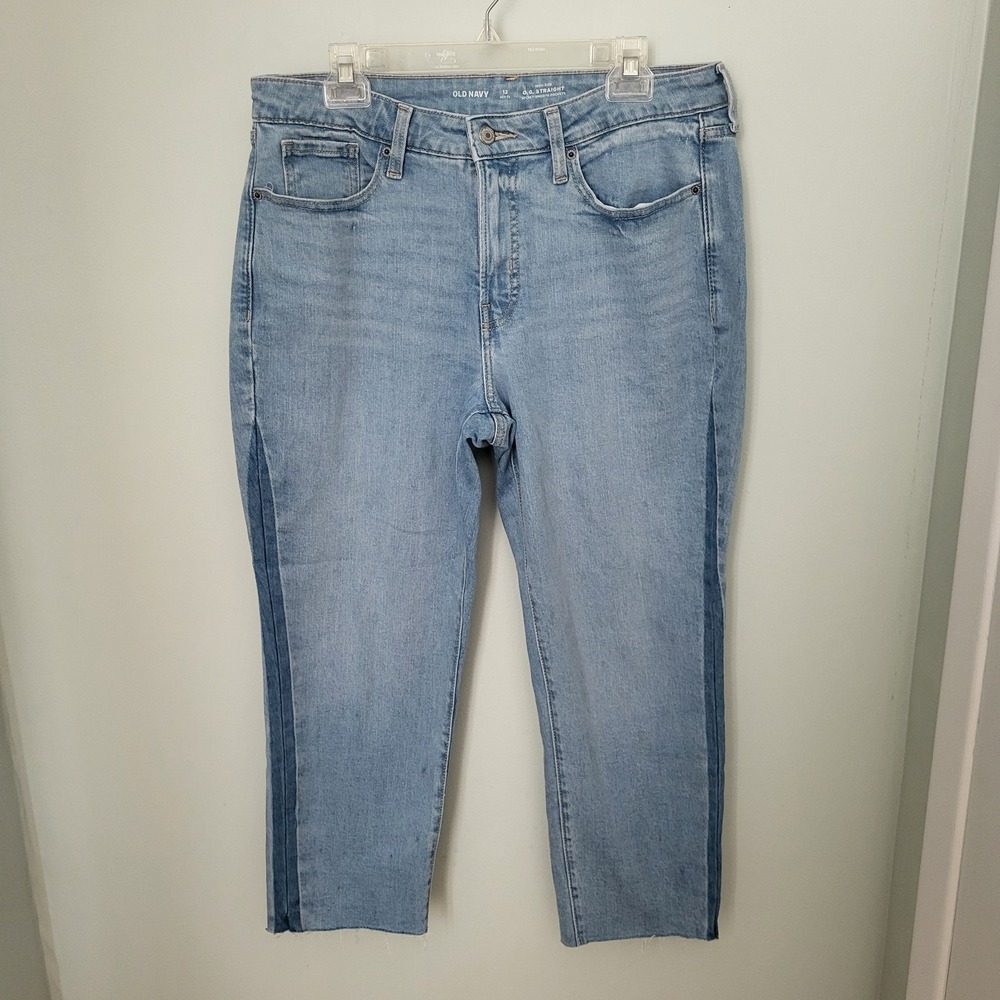 Old Navy Women‎ 12 Petite High Waisted OG Straight Ankle Jeans Two Tone Stretch